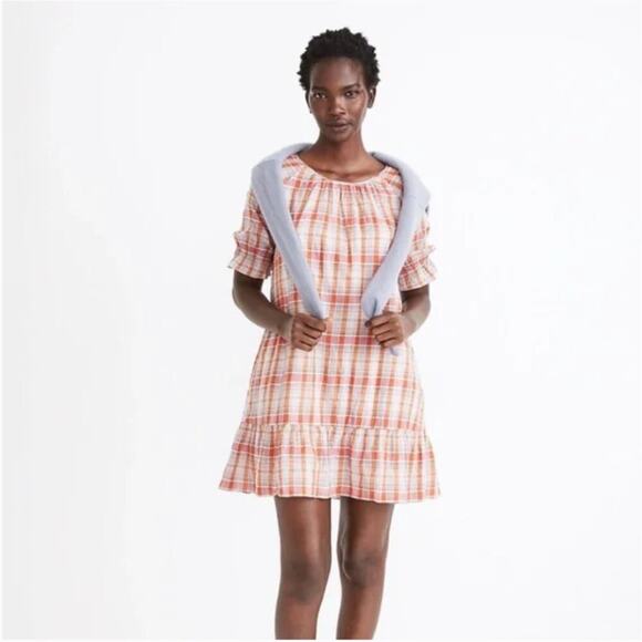 Madewell Dresses & Skirts - Madewell Plaid Ruffle-Sleeve Popover Mini Dress